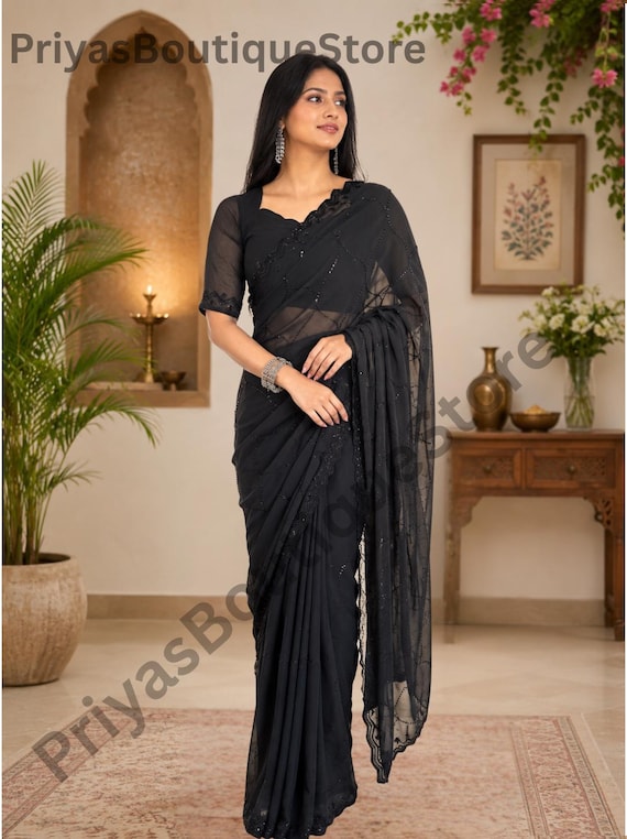 Designer Faux Georgette Saree, Bead Sequin Embellished, Cutwork Border, Unstitched Blouse Fabric
