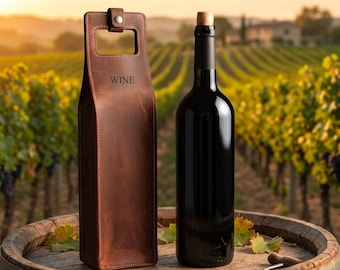 Bolsa de cuero personalizada para vino / Bolsa para botella grabada a medida / Regalo para tercer aniversario, boda, inauguración de casa y Día del Padre