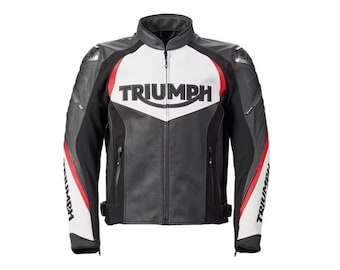 Triumph Echtleder Motorradjacke für Herren: Schwarz Weiß Rot Racing Biker Style