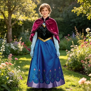 Pode incluir: Um vestido azul e preto com um cinto dourado e uma capa bordô. O vestido tem uma saia longa com bordados florais. A capa é presa ao pescoço com um fecho decorativo. A pessoa está usando luvas azul claro.