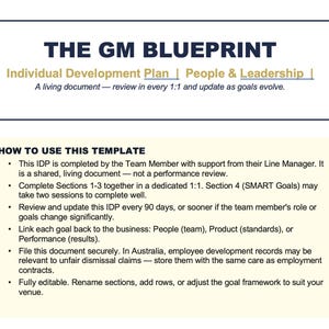 Może przedstawiać: Dokument zatytułowany "THE GM BLUEPRINT" z instrukcjami dotyczącymi korzystania z szablonu. Dokument zawiera sekcje dotyczące indywidualnych planów rozwoju, ludzi i przywództwa oraz wyznaczania celów. Tekst jest czarny i niebieski na białym tle.