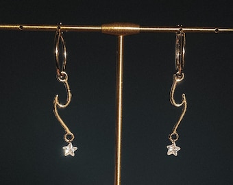 twin flame gold convertible hoop earrings with star pendant