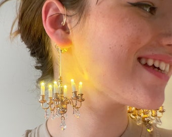 GOLD light up earrings, chandelier statement ear wrap / brass ear cuff + swarovski crystals / edie sedgwick, rococo, studio 54, nye
