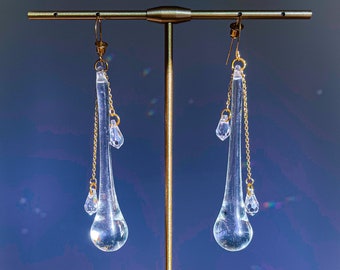 waterfall hand blown glass earrings / 14k gold-filled chain + swarovski teardrop crystals / dangle clear bridal minimal timeless y2k