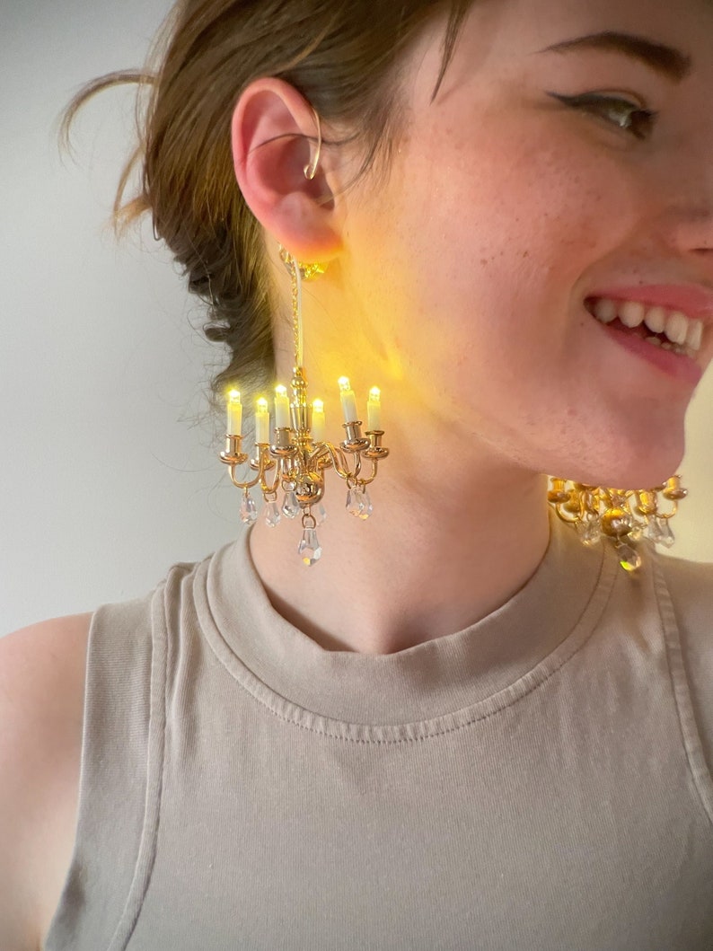 GOLD light up earrings, chandelier statement ear wrap / brass ear cuff + swarovski crystals / edie sedgwick, rococo, studio 54, nye 