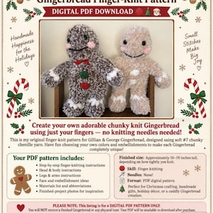 May include: A digital PDF pattern for Gillian & George gingerbread figures, featuring two plush, chunky knit gingerbread dolls in brown and beige. The document includes instructions for finger-knitting, materials lists, and project photos.