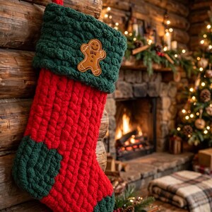 Calza di Natale in ciniglia grossa lavorata a mano con toppa a forma di omino di pan di zenzero – Rosso e verde in stile antico