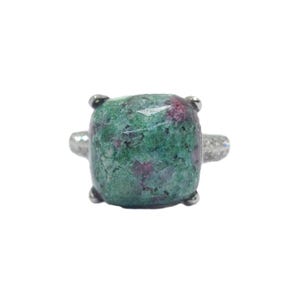 Ruby Zoisite Statement Ring, High Polish Silver Plated Smooth Band Oval Gemstone Gift Ring