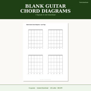 Peut inclure: Une feuille blanche avec quatre diagrammes d'accords de guitare vierges. Les diagrammes sont disposés en grille 2x2. Le texte "BLANK GUITAR CHORD DIAGRAMS" est en haut, avec "4 layouts in one download" en dessous.