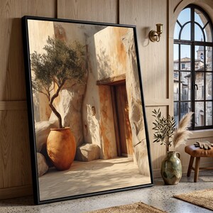 Lienzo de patio mediterráneo, arte de pared con maceta rústica de barro, decoración para el hogar con olivo, lienzo en tonos tierra cálidos, arte de pared de piedra.