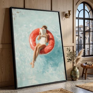 Lienzo con escena veraniega relajante, mujer flotando en un flotador rojo, arte de pared para el ocio junto a la piscina, decoración del hogar con ambiente veraniego, lienzo para leer sobre el agua.
