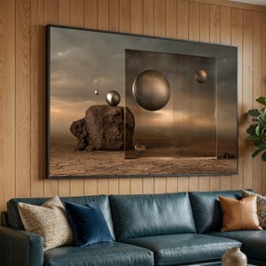 Surrealistische zwevende bollen op canvas, abstracte geometrische muurdecoratie, moderne minimalistische canvasdecoratie, hedendaagse kunstprint voor thuis