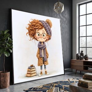 Curious Child with Glasses Canvas, Cozy Autumn Outfit Wall Art, Cute Kid Illustration Canvas, Whimsical Character Decor, Ready to Hang Art