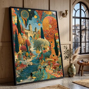 Puede incluir: Una impresión de arte mural vertical enmarcada que presenta un paisaje surrealista con un río azul, árboles altos y coloridos, estructuras en forma de hongo y un puente de piedra. Un gran reloj cuelga en el cielo sobre la escena con figuras.