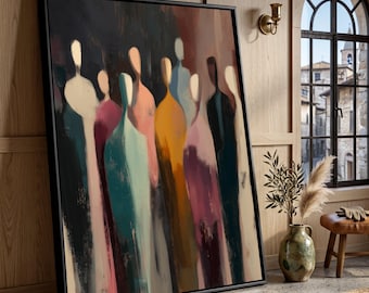 May include: A large rectangular framed painting featuring abstract, elongated human-like figures in a vertical composition. The artwork uses a palette of muted tones including deep black, mustard yellow, soft pink, teal, and cream, with visible brushstrokes.