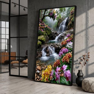May include: A rectangular wall art print in a black frame featuring a vibrant landscape of a cascading waterfall flowing over mossy rocks, surrounded by lush greenery and a dense foreground of colourful yellow, pink, and orange orchid flowers.
