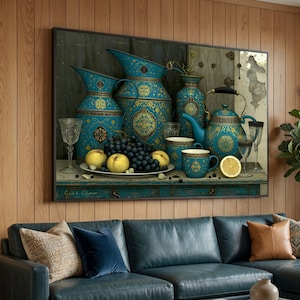 Vintage blauw-gouden theepotset op canvas, sierlijke keramische kannen als wanddecoratie, rustiek keukenstilleven op canvas, woondecoratie in rustieke vintage stijl
