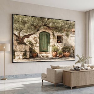 Rustiek mediterraan portiek canvas, groene deur kunst aan de muur, stenen muur decor, olijfboom en terracotta potten, gezellige canvas kunst buiten
