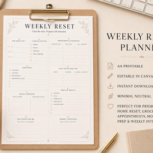 Planificador semanal imprimible, plantilla sin fecha para domingo, planificador de organización del hogar y administración de la vida en formato A4.