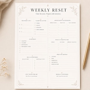 May include: A white paper weekly reset planner sheet with black text and floral border accents. The layout includes sections for top priorities, clutter, appointments, home tasks, meals, waiting items, prep, self-care, and weekly intentions.
