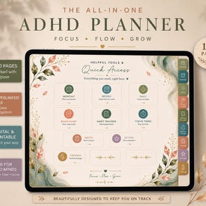 May include: A digital ADHD planner displayed on a tablet screen featuring a dashboard with sections for monthly, weekly, and daily planning, habit tracking, brain dump, notes, and finance. The interface includes hyperlinked tabs and floral accents.