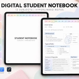 Può includere: Un quaderno digitale per studenti visualizzato su due tablet, con 1000 pagine, 12 materie e note con collegamenti ipertestuali. L'interfaccia presenta schede color pastello, sette modelli di note e appunti sulla struttura cellulare.