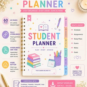 Student Digital Planner, Hyperlinked Study Organizer (Instant Download)