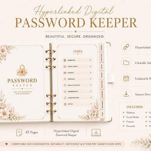 Hyperlinked Digital Password Keeper, 45-Page Goodnotes Password Organizer, Clickable Tabs,  Log, iPad Planner PDF