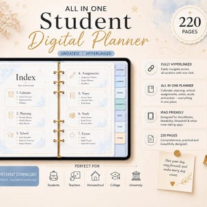 May include: An all-in-one student digital planner displayed on a tablet screen, featuring an index page with seven sections including calendar, planning, school, assignments, notes, study, and extras. The interface includes hyperlinked tabs.