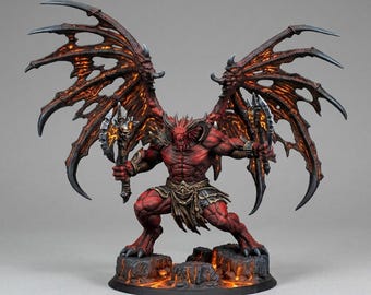 May include: A red-skinned demon figurine with large, tattered, glowing orange-veined wings. The creature has horns, muscular build, and wears metallic armor. It holds two axes with skull details, standing on a rocky base with glowing lava cracks.