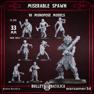 Puede incluir: Un conjunto de 10 modelos en miniatura de plástico gris titulados Miserable Spawn. Las figuras presentan varias poses de combate con armas y escudos. Un gráfico indica una escala de 33 mm desde los pies hasta los ojos. Marca: Bullet Basilica.