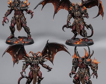 May include: Four detailed miniature demon figures featuring red skin, dark armor with orange glowing accents, horns, and wings. Each figure stands on a rocky base with lava effects, adorned with skull motifs and sharp, clawed appendages.