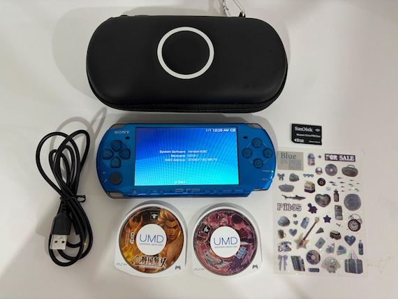 Sony PSP 3000 Vibrant Blue Console with Charger, 8GB Memory Stick, 2 UMDs