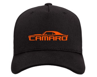 Camaro Orange Print Black Baseball Cap, Muscle Car Cap, Classic Car Black Flexfit Style Baseball Hat