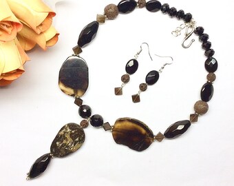 Petrified wood, black and brown Agate, lava Beads, Onyx necklace set