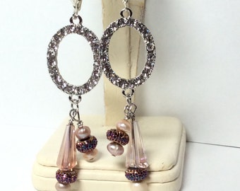 Rhinestone oval bead, pink Crystals and pearl earrings- The Elegance of Jewelry