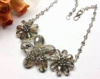 Champagne Crystal Flowers attached Crystal chain necklace -The Elegance of Jewelry