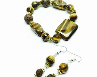 Tiger Eye and  brown essential oil diffuser Lava bracelet and earrings set