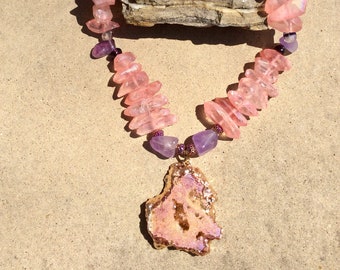 Druzy pendant with pink Agate,purple Amethyst necklace