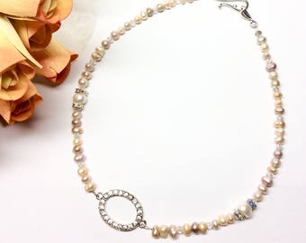 Rhinestone pendant with cream/ light peach pink freshwater Pearls necklace -The Elegance of Jewelry