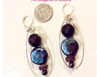 Genuine Garnet, Coin and freshwater Pearl hoop earrings-The Elegance of Jewelry