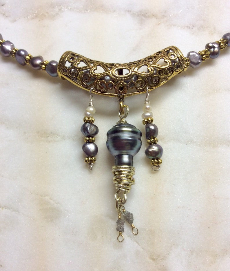 Genuine Tahitian Pearl slider with geniune Raw Diamonds and grey freshwater pearls necklace image 8