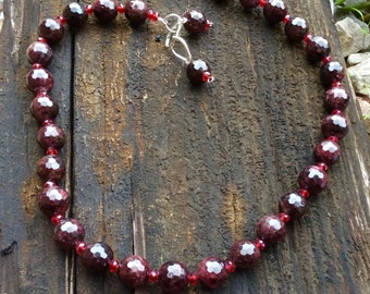 Genuine Garnet round beads with small red crystals necklace -The Elegance of Jewelry