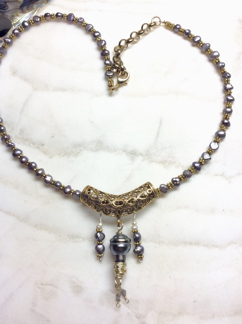 Genuine Tahitian Pearl slider with geniune Raw Diamonds and grey freshwater pearls necklace image 7