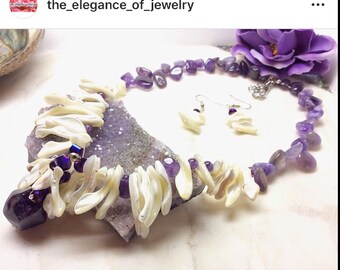 Mother of Pearl sticks and Amethyst (Shaggy Dog style ) Necklace