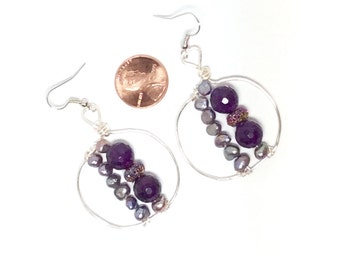 Genuine purple Agate earrings with freshwater grey pearls attached to a round  hoop -The Elegance of Jewelry