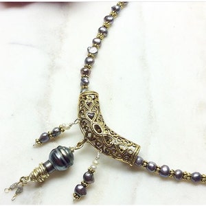 Genuine Tahitian Pearl slider with geniune Raw Diamonds and grey freshwater pearls necklace image 10