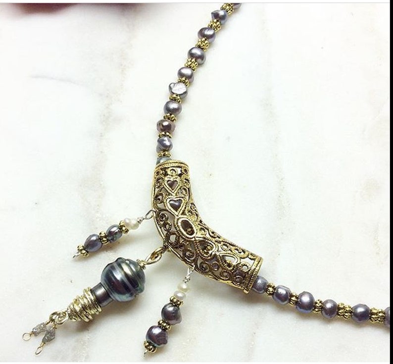 Genuine Tahitian Pearl slider with geniune Raw Diamonds and grey freshwater pearls necklace image 10