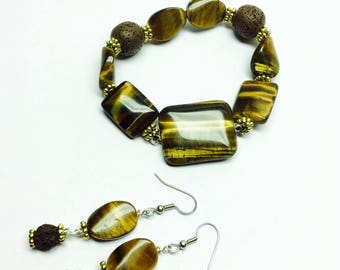 Tiger Eye,  brown essential oil diffuser Lava stones bracelet and earrings set