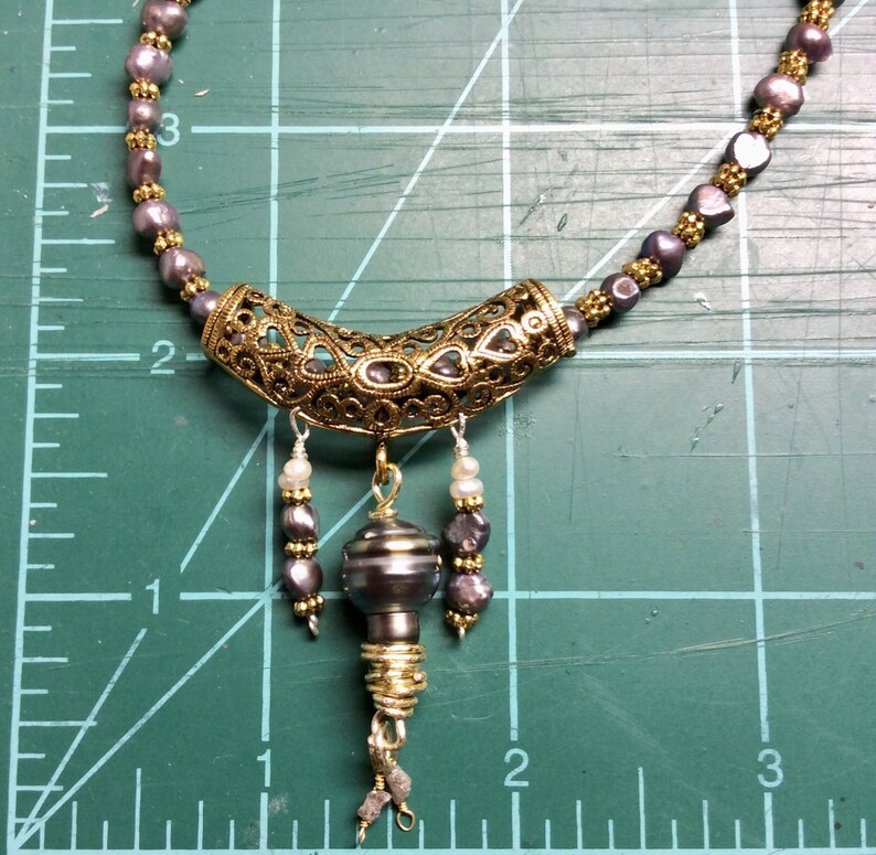 Genuine Tahitian Pearl slider with geniune Raw Diamonds and grey freshwater pearls necklace image 6